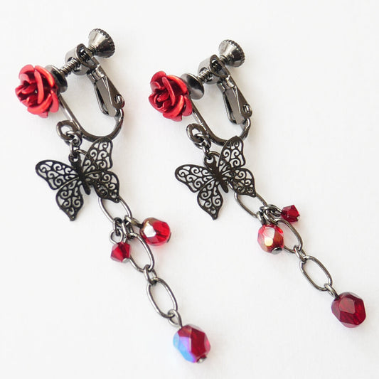 【ローズガーデン】赤薔薇 蝶 レッド チェコビーズ イヤリング