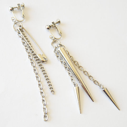 パンク トゲトゲ ハードチェーン 安全ピンイヤリング シルバー アシンメトリー ピープス