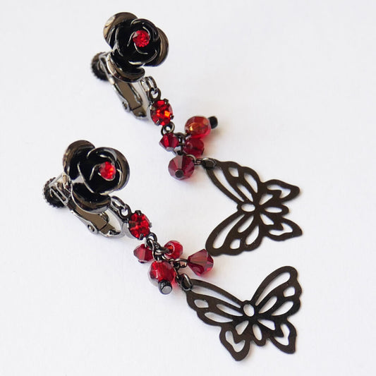 赤薔薇 ステンド蝶 イヤリング ゴスロリ チェコビーズ