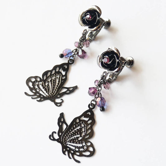 イヤリング 紫薔薇 蝶 ローズ バタフライ ゴスロリ