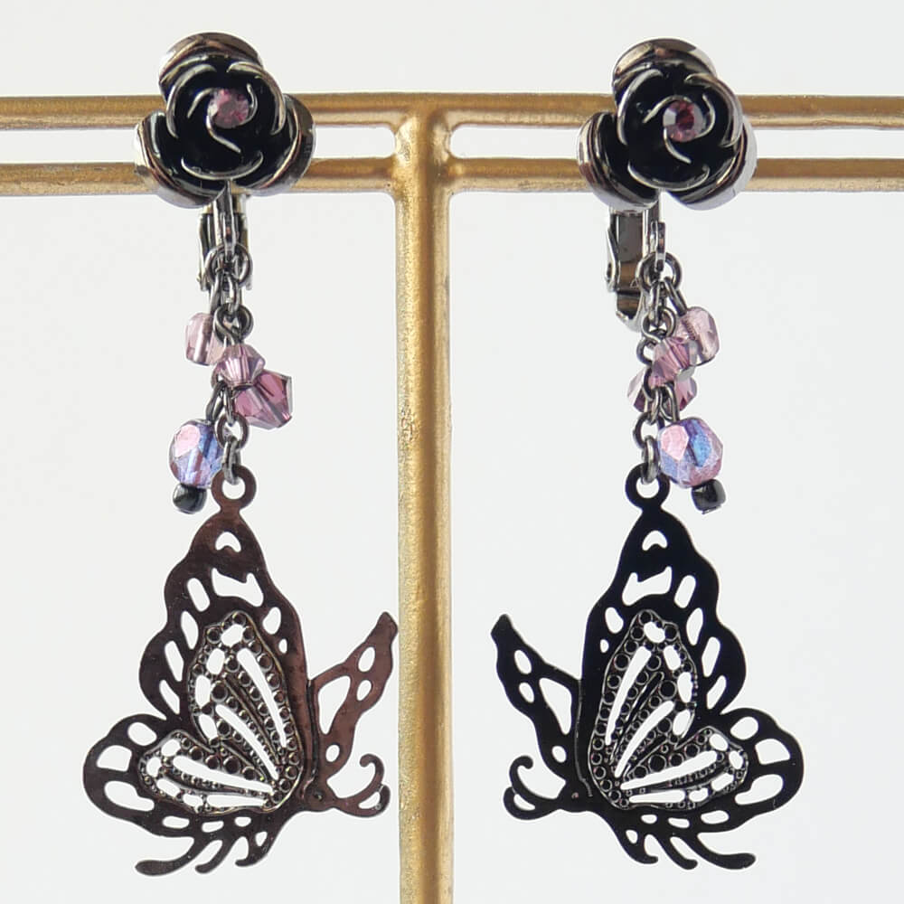 Earrings Purple Rose Butterfly Rose Butterfly Gothic Lolita