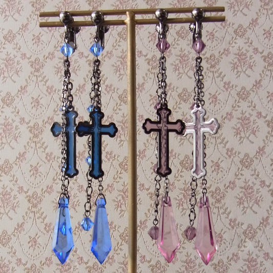 十字架 ステンド イヤリング ロング クロス パープル ブルー ゴスロリ