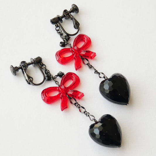 リボン ハート イヤリング クリアーパーツ