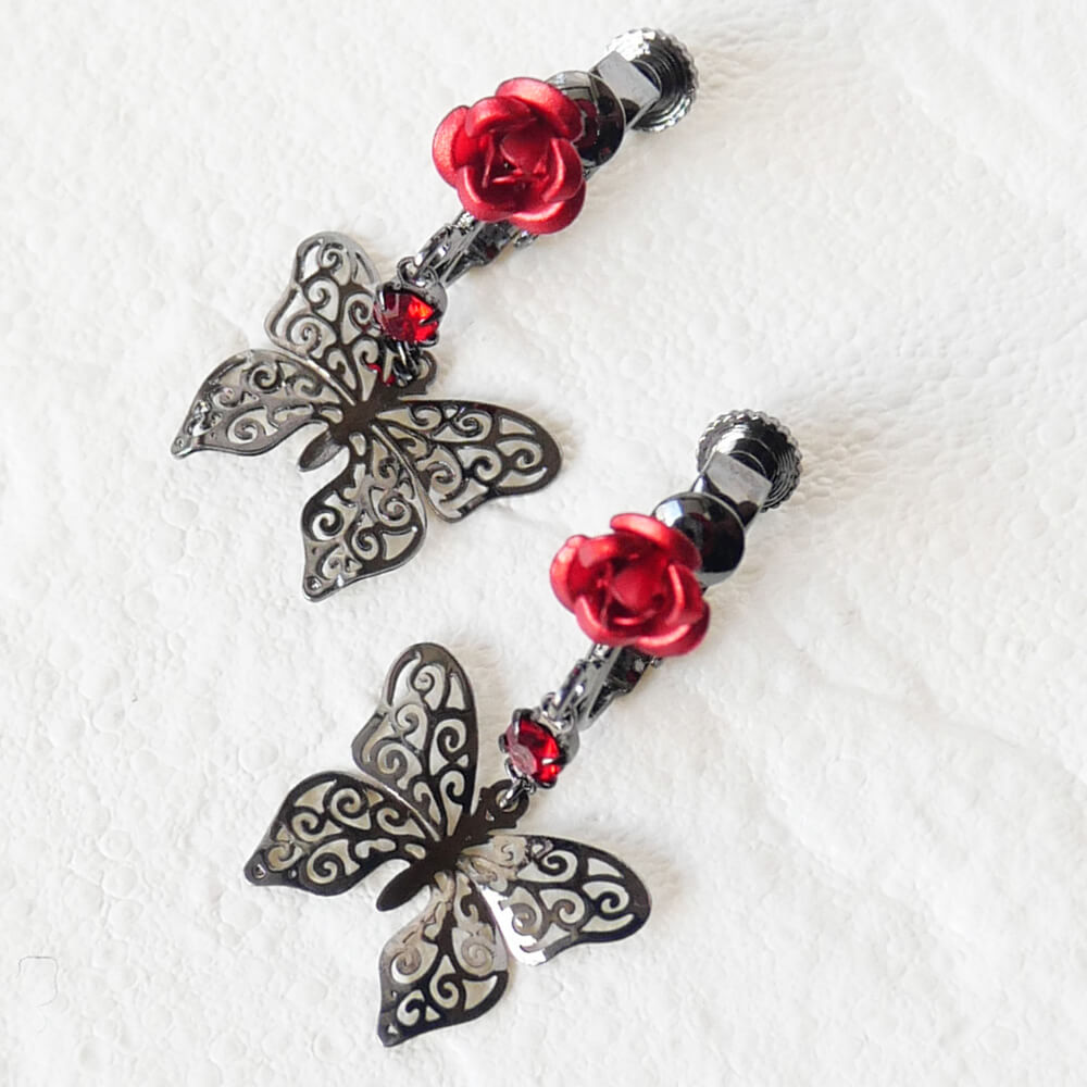 控えめゴスロリ イヤリング 薔薇 蝶 小さめ