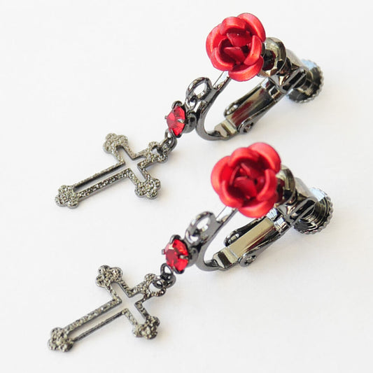 控えめゴスロリ イヤリング 薔薇 十字架 小さめ