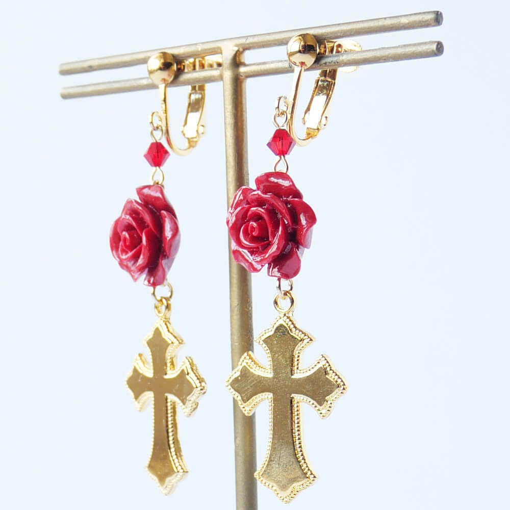 アリス 十字架 イヤリング 赤薔薇 ロリータ ゴシック ゴールド アクセサリー