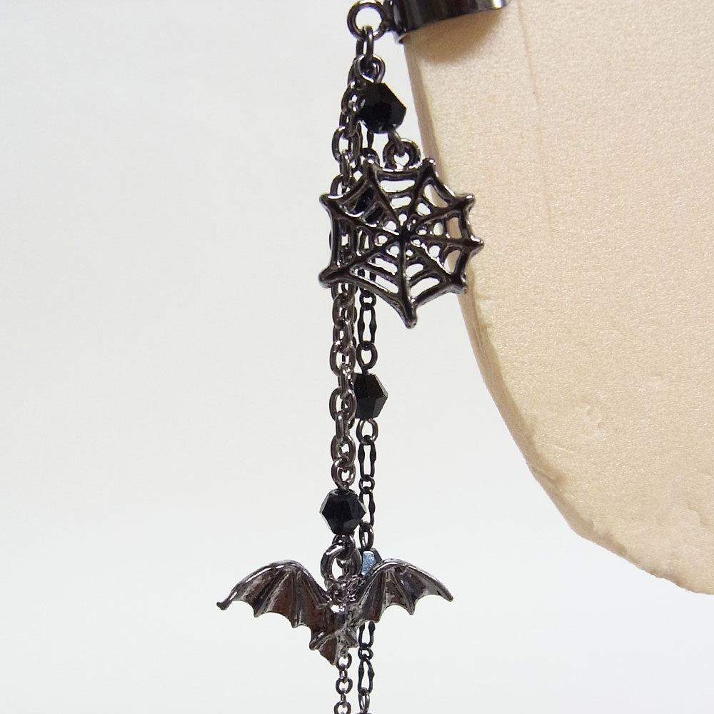 【ハロウィン】蝙蝠 蜘蛛の巣 チェーン ロング イヤーカフ(片耳タイプ)