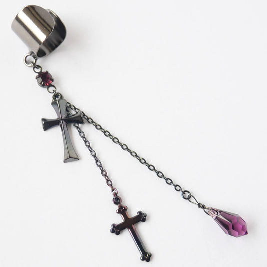 ゴスロリ 十字架 パープルクリスタル イヤカフ(片耳タイプ)