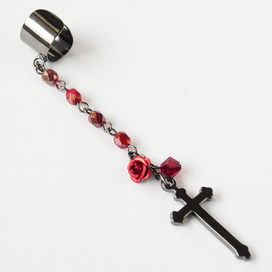イヤーカフ ゴシック クロス ローズ 十字架 赤薔薇 レッド(片耳タイプ)