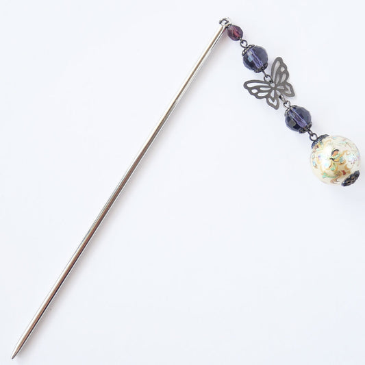 転写玉 蝶 パール パープル ストーン 一本 かんざし