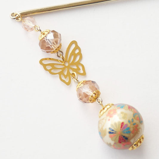 転写 和珠 蝶 ストーン 一本 かんざし ゴールド