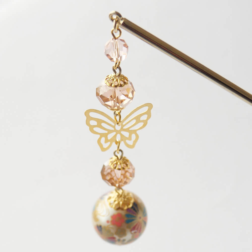 転写 和珠 蝶 ストーン 一本 かんざし ゴールド