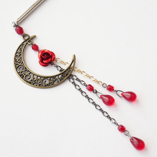 和 カンザシ 簪 赤 薔薇 三日月 かんざし 1本 シンプル