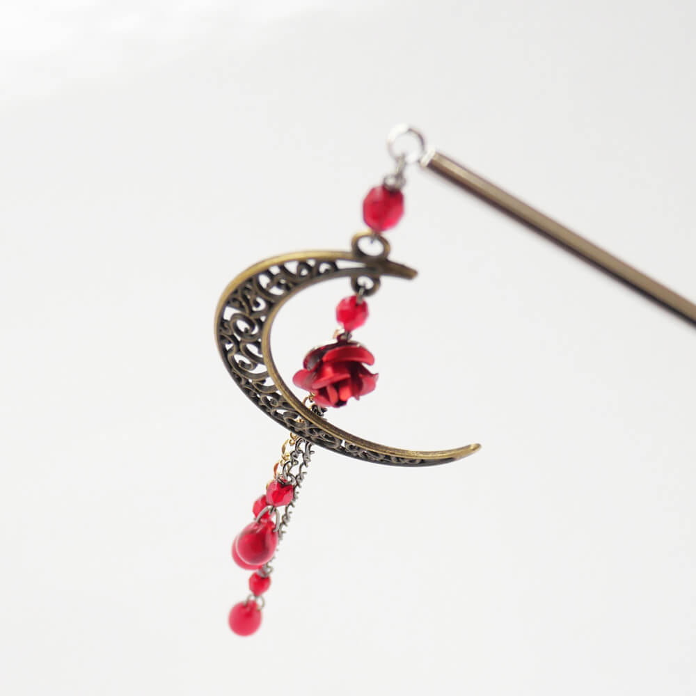 和 カンザシ 簪 赤 薔薇 三日月 かんざし 1本 シンプル