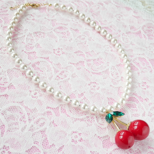 ネックレス さくらんぼ チェリー パール クリアビーズ ロリータ