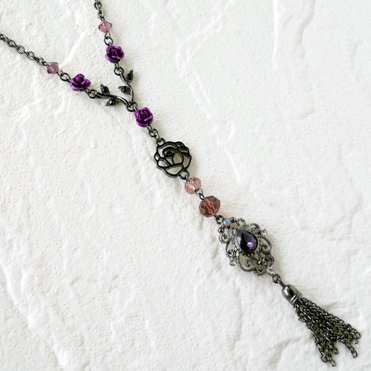 パープル ローズ フリンジ ネックレス 薔薇 紫
