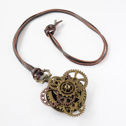 【steampunk】歯車 スチームパンク 懐中時計風 革紐 ネックレス アンティークゴールド