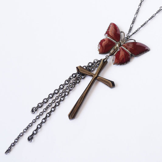 【ゴシック】赤 蝶 十字架 ネックレス レッド バタフライ チェーン クロス