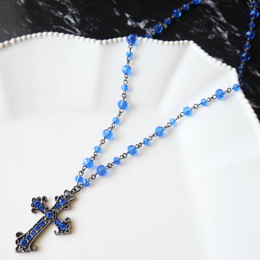 Blue Cross Blue Crystal Cross Necklace