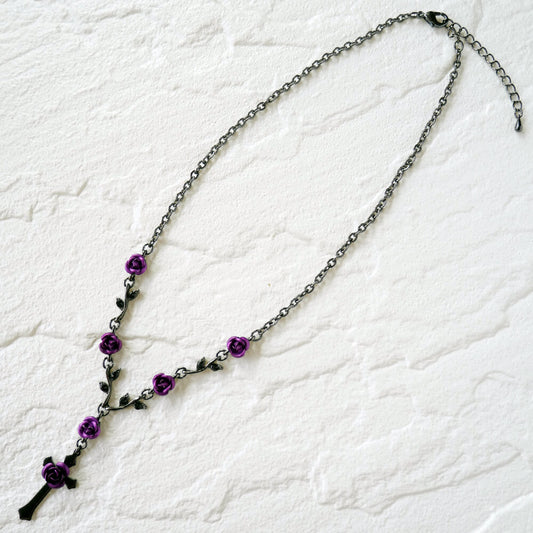 Purple Rose Cross Y-Shaped Necklace