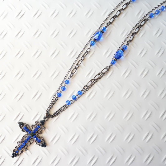 ブルー クリスタル ストーン クロス ネックレス 青 サファイア