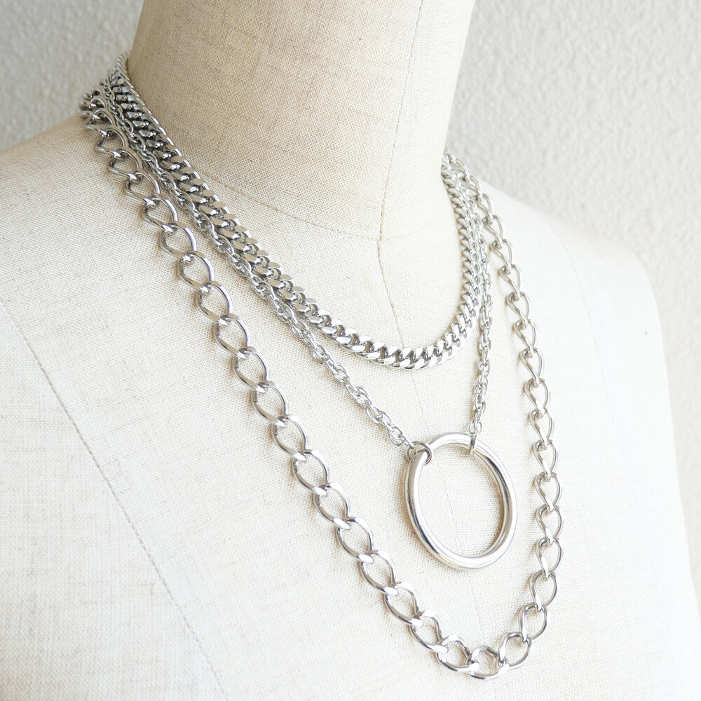 パンク ロック シルバーカラー メタル リング 3連 ハードチェーン ネックレス