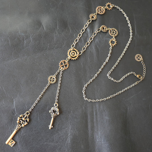 歯車スチームパンク 鍵 アンティークゴールド ギア メタル チェーン ネックレス