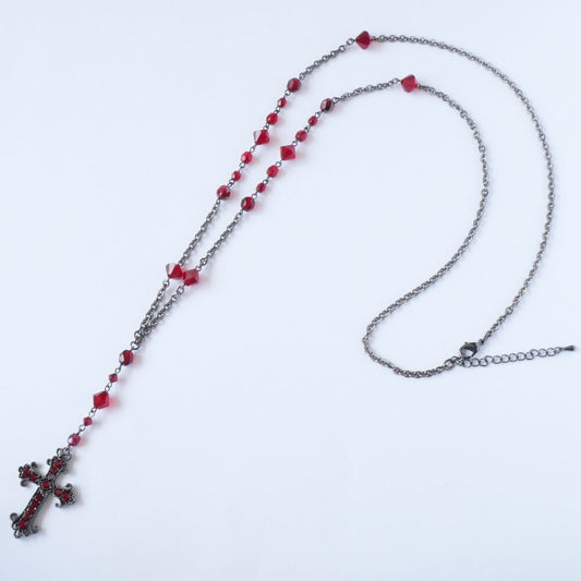 ロザリオ カラー ストーン クロス ガンメタ ロング ネックレス 十字架