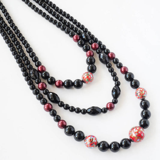 華珠 和 黒珠 赤 ガンメタ 3連 ロング ネックレス 和ゴス