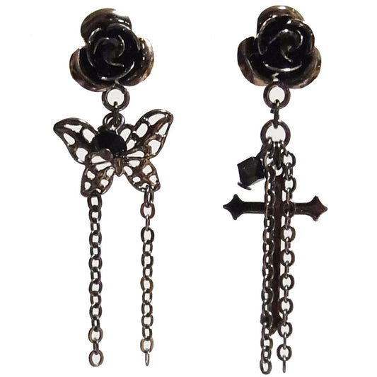 【ゴシック】薔薇 蝶&十字架ピアス ゴスロリ ブラック