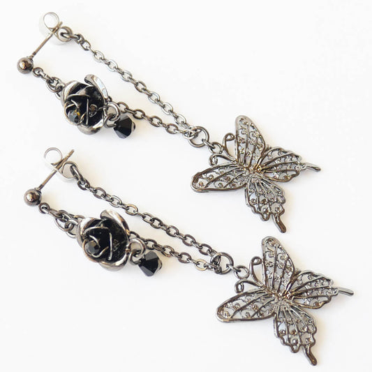 薔薇 ステンド蝶 チェーン ピアス ゴスロリ