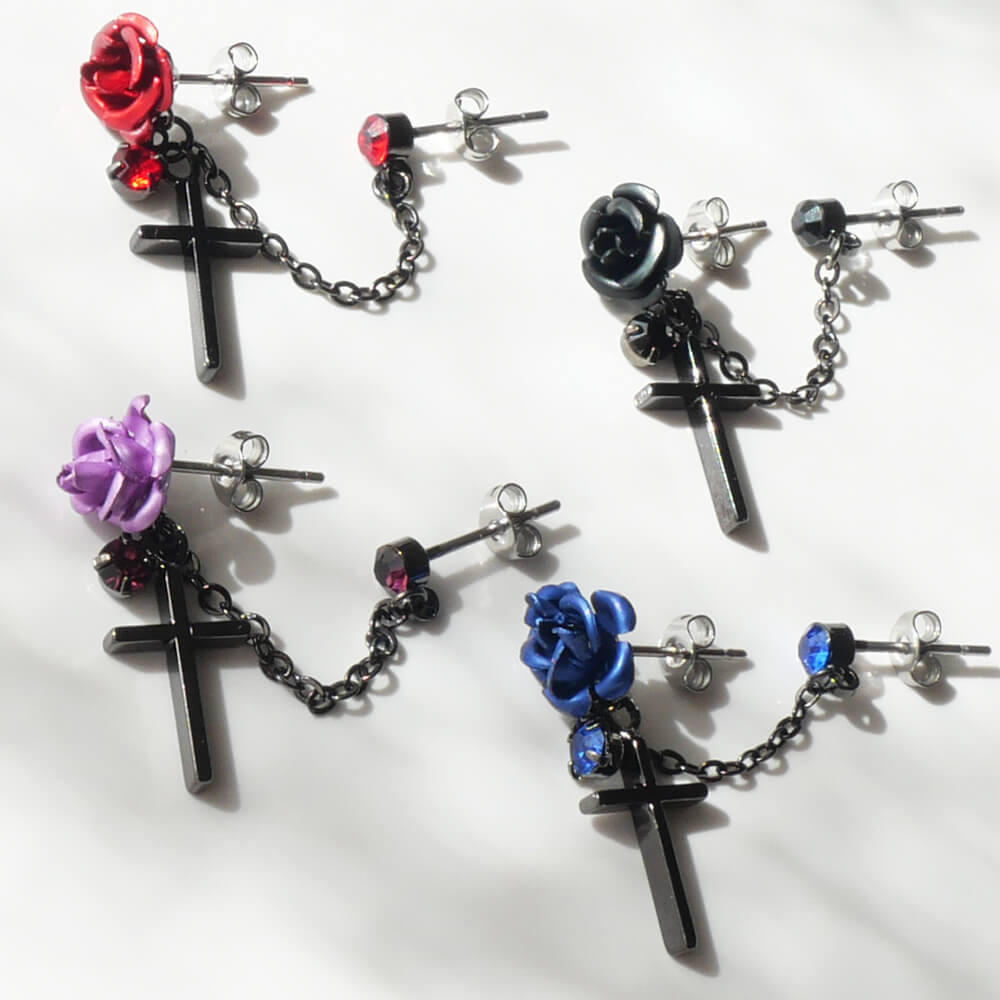 薔薇&十字架 ダブル ピアス(片耳タイプ)赤 紫 黒 青