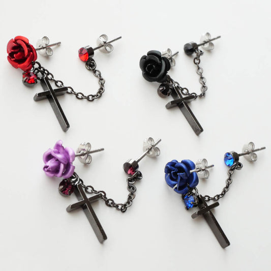 薔薇&十字架 ダブル ピアス(片耳タイプ)赤 紫 黒 青