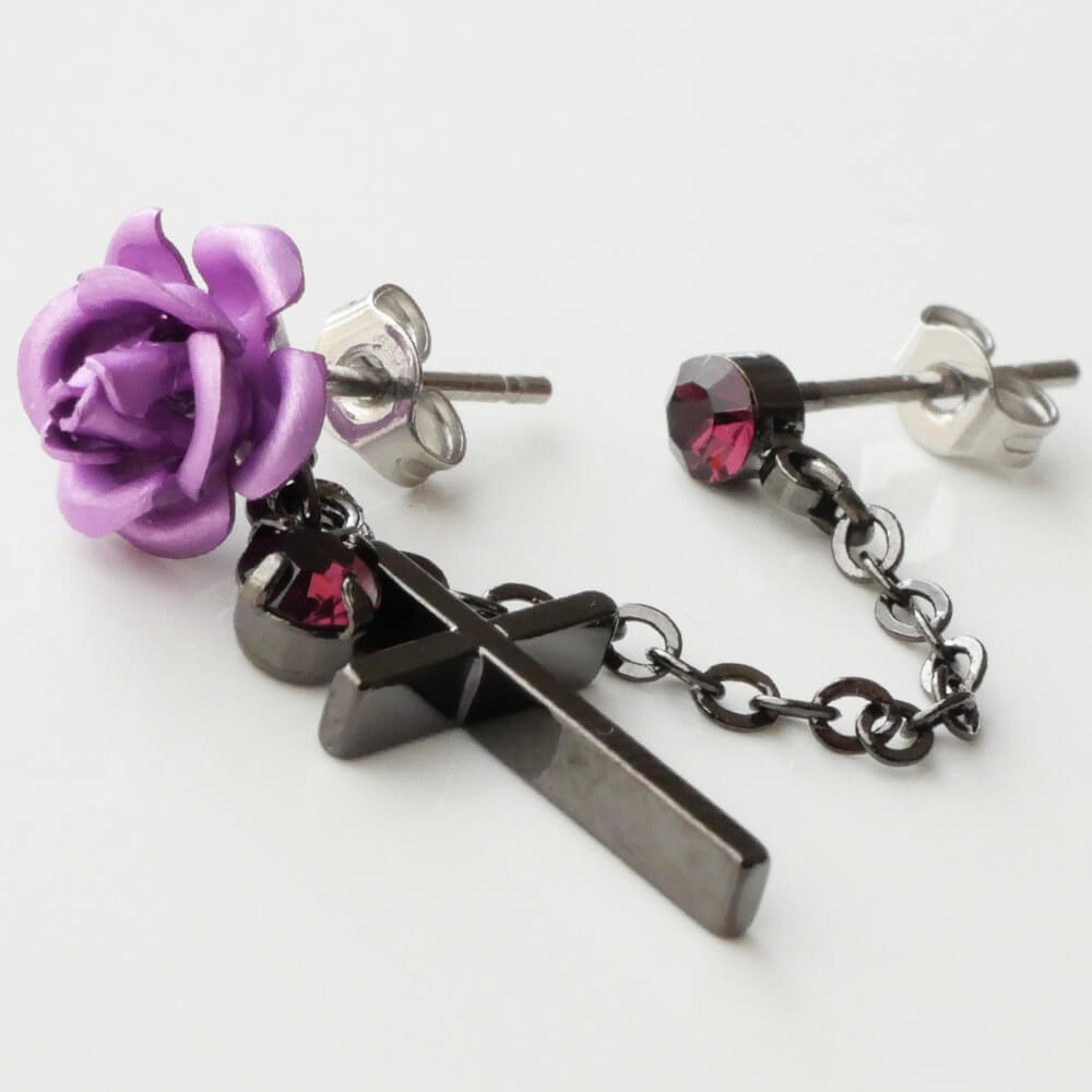 薔薇&十字架 ダブル ピアス(片耳タイプ)赤 紫 黒 青