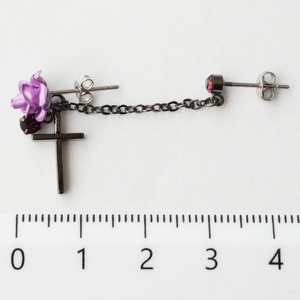 薔薇&十字架 ダブル ピアス(片耳タイプ)赤 紫 黒 青
