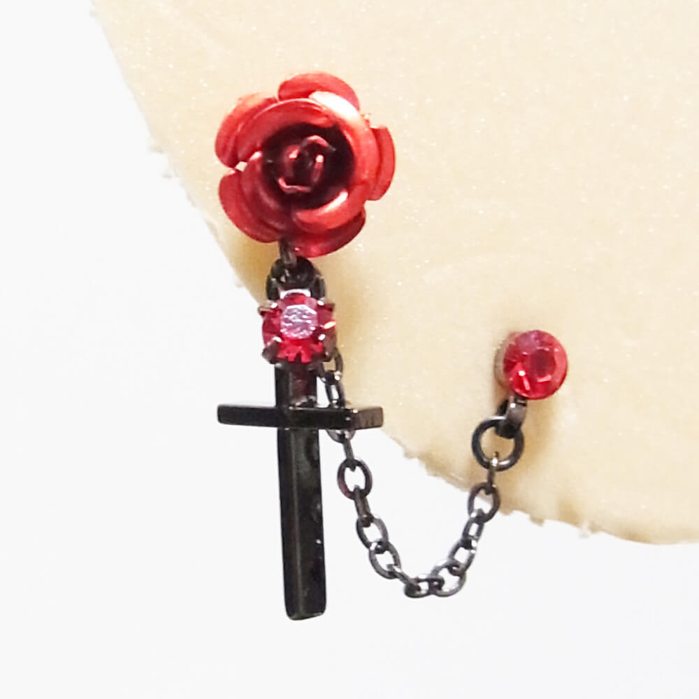 薔薇&十字架 ダブル ピアス(片耳タイプ)赤 紫 黒 青