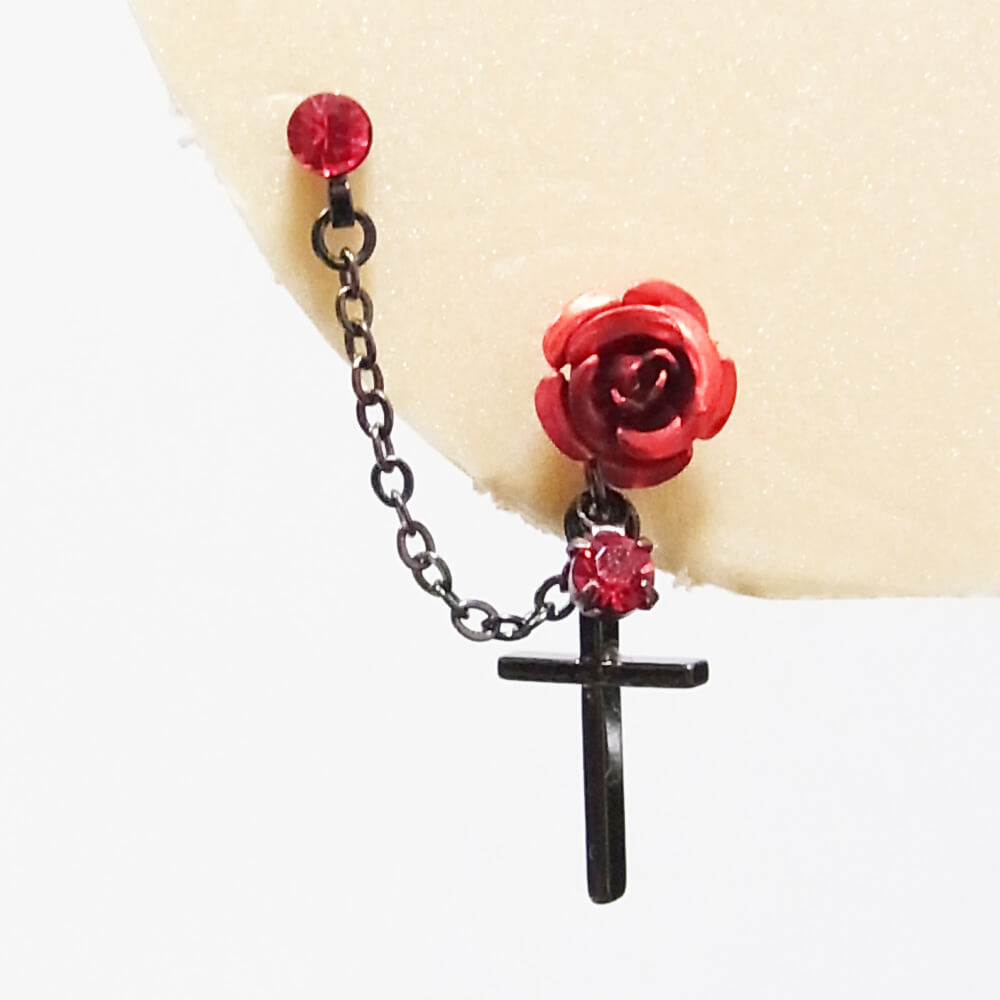 薔薇&十字架 ダブル ピアス(片耳タイプ)赤 紫 黒 青
