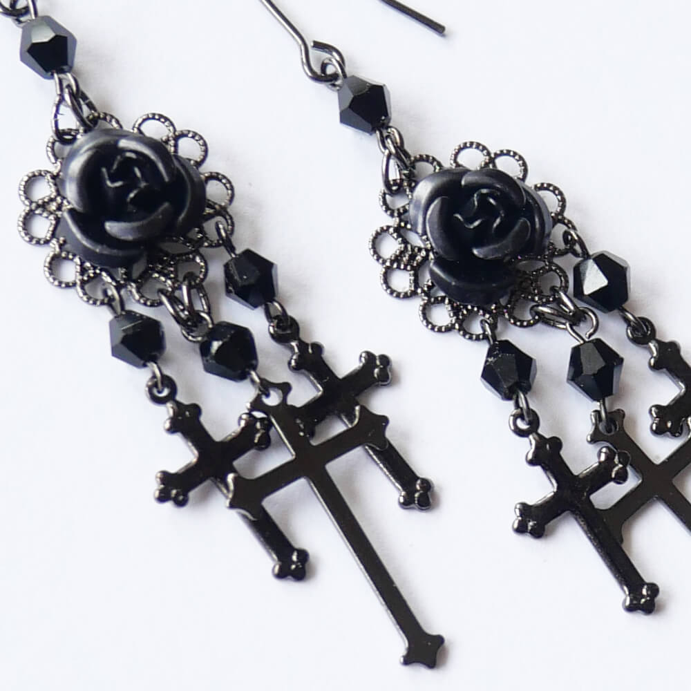 黒薔薇&十字架ピアス ブラック クロス