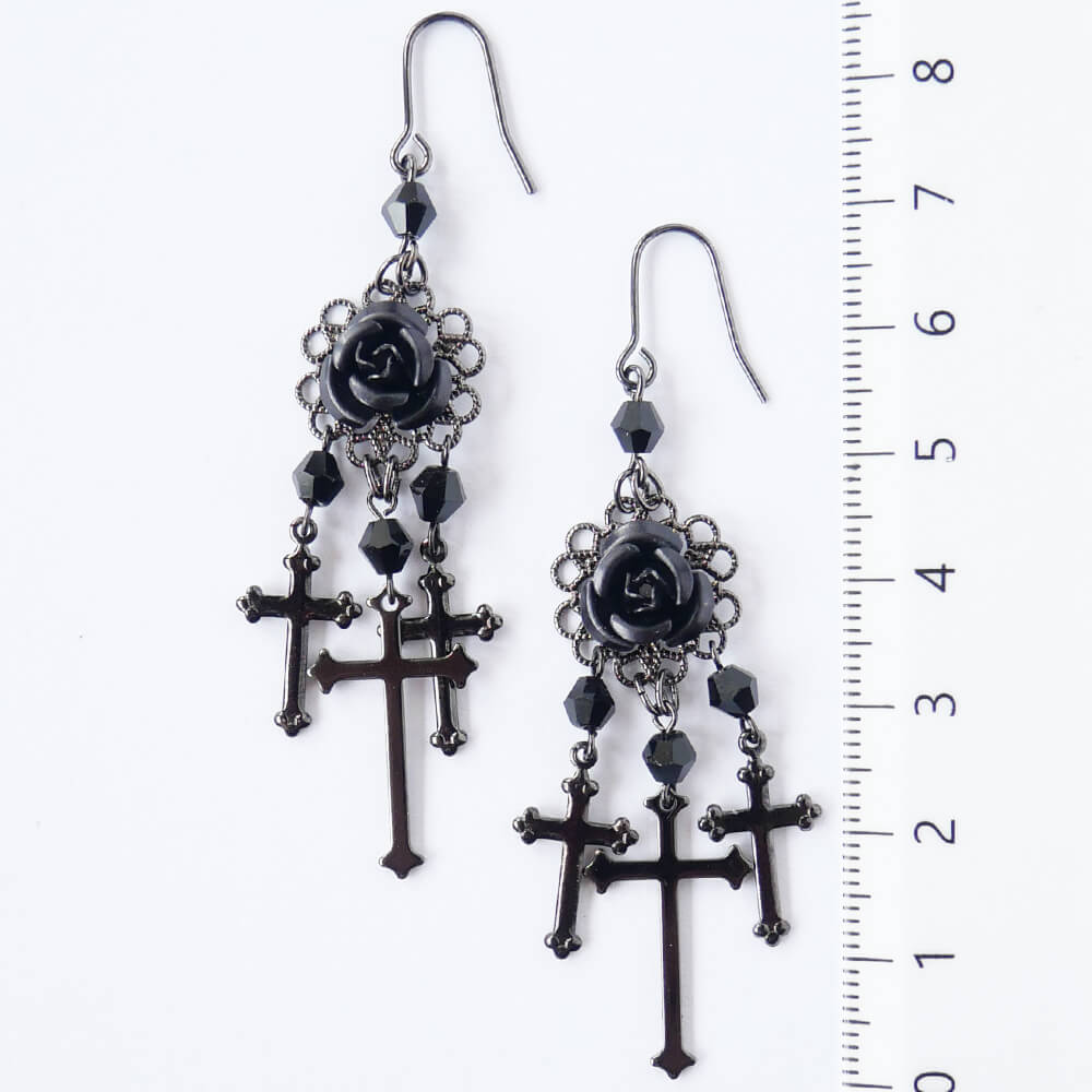 黒薔薇&十字架ピアス ブラック クロス