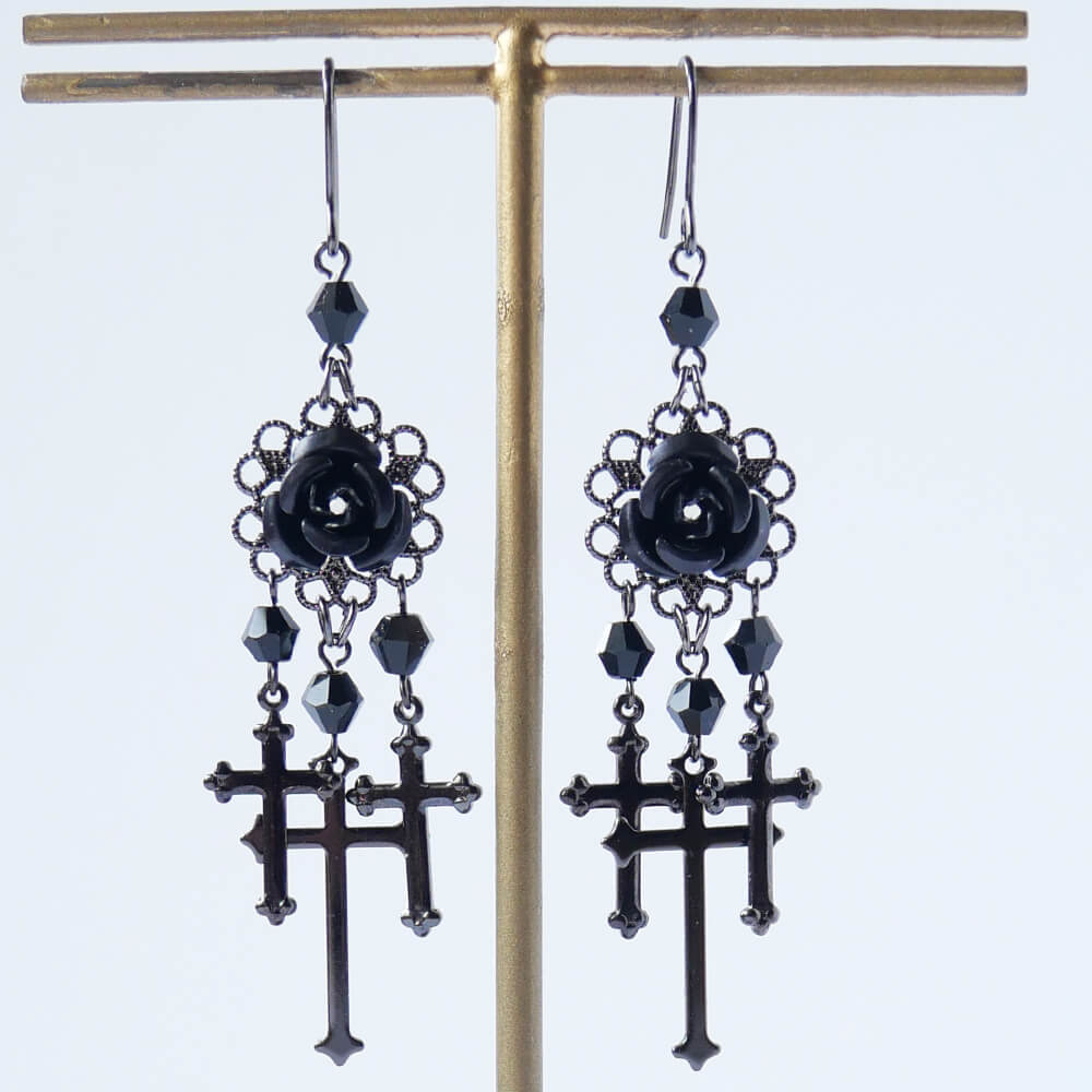 黒薔薇&十字架ピアス ブラック クロス