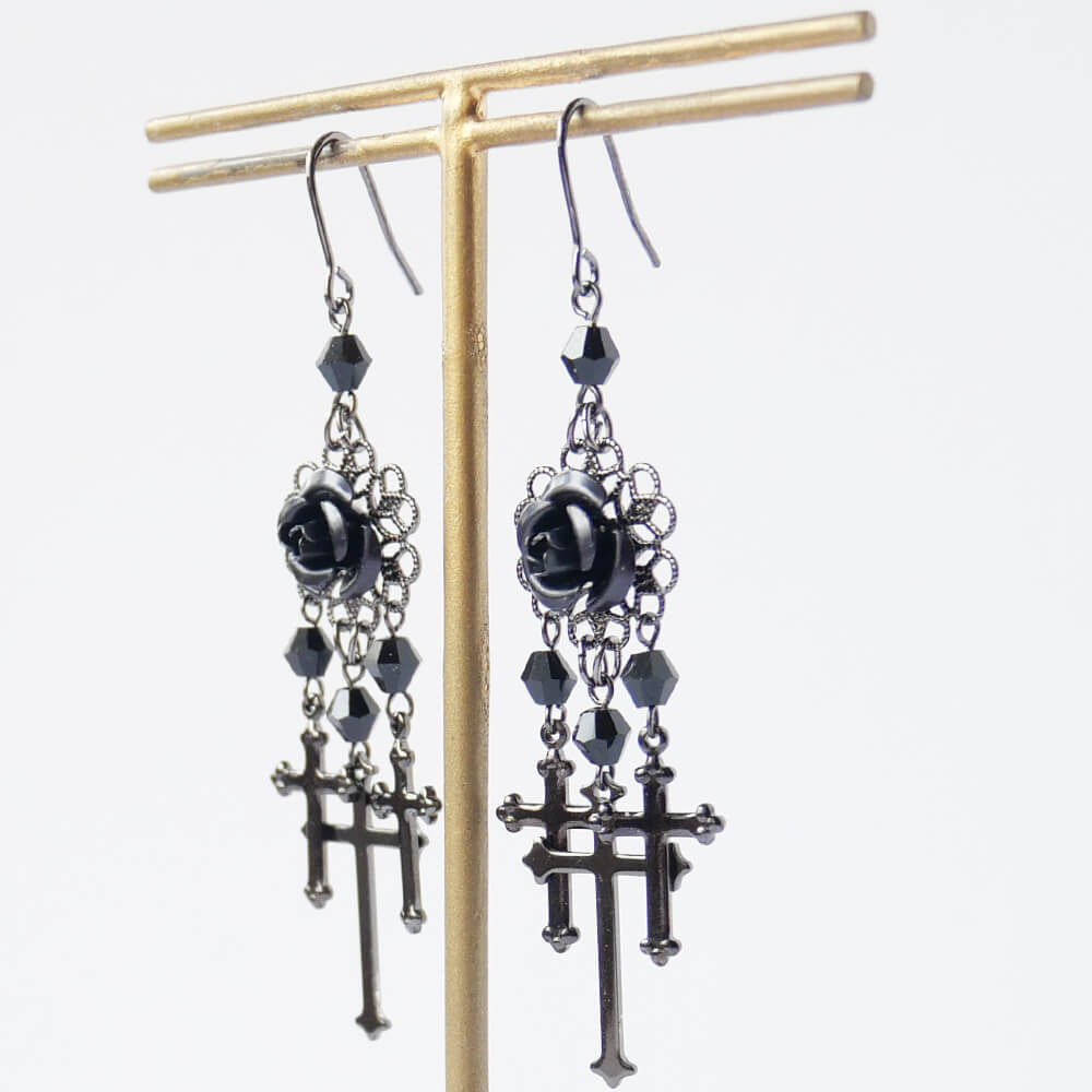 黒薔薇&十字架ピアス ブラック クロス