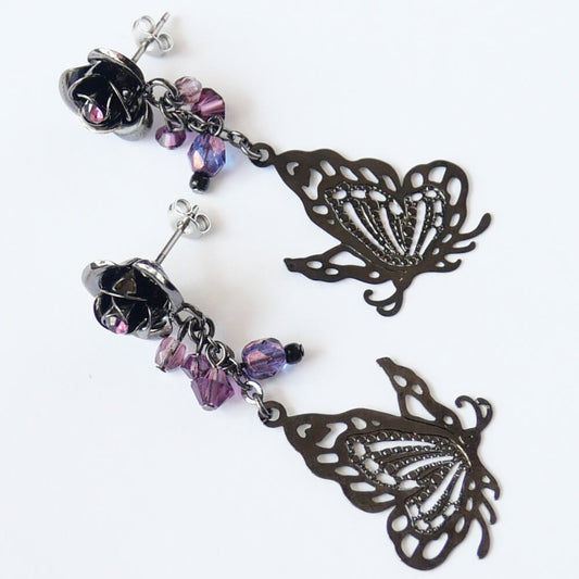 ステンド 蝶 紫薔薇 ピアス