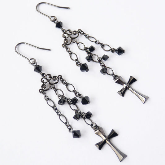 【ゴシックエレガンス】十字架 ブラック クリスタル ピアス