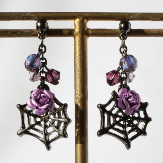 薔薇 蜘蛛の巣 ゴスロリ ピアス 紫 青 黒