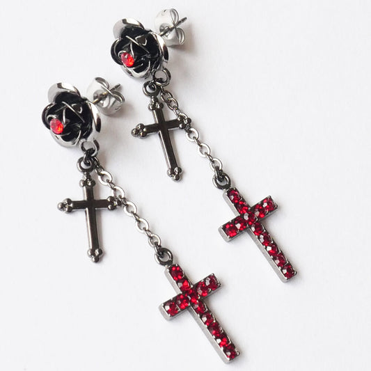 薔薇&ダブル クロス 十字架 ストーン ピアス