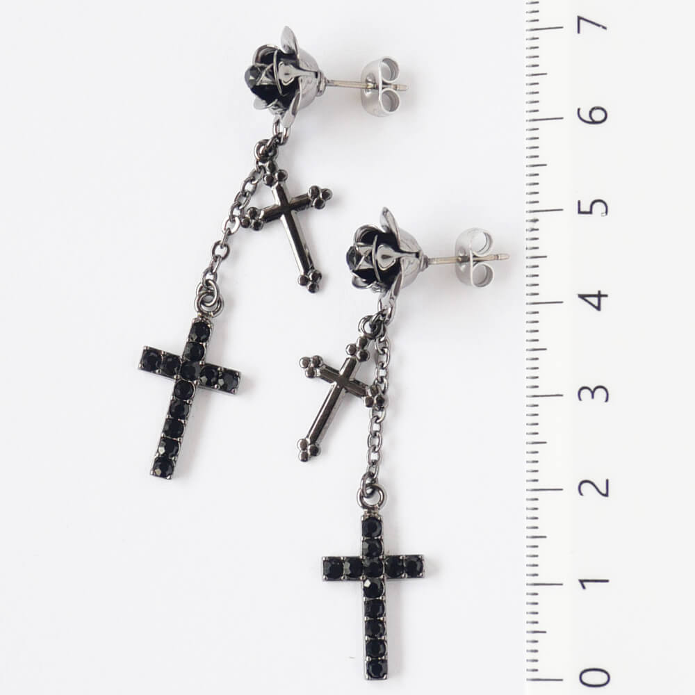 薔薇&ダブル クロス 十字架 ストーン ピアス