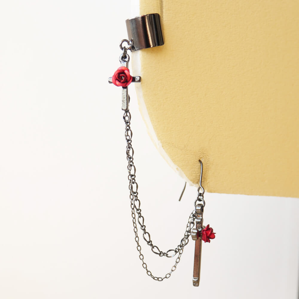 ゴシックロリータ 薔薇 十字架 イヤカフ ピアス 片耳タイプ