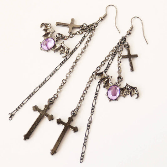 ピアス ゴスロリ クロス ロング チェーン 蝙蝠 ハロウィン 十字架
