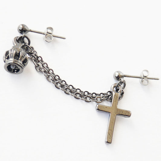 王冠 十字架 鎖 クラウン クロス ダブル チェーン ピアス (片耳タイプ)