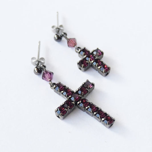 【ゴシック】2サイズ パープル ラインストーン クロス ピアス 十字架